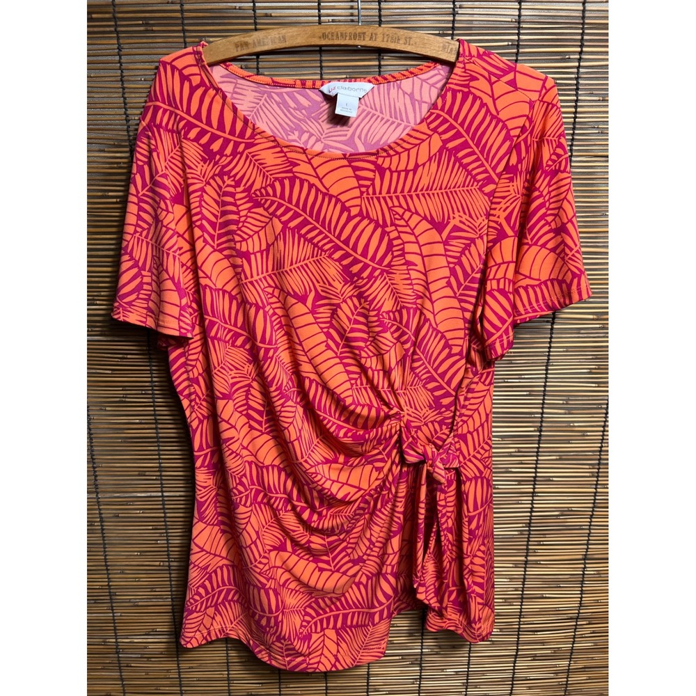 Liz Claiborne Large Short Sleeve Top Orange Pink Palm Leaf Recycled Blend